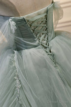 Green Sweetheart Beaded Tulle Long Prom Dress, Green Prom Dresses