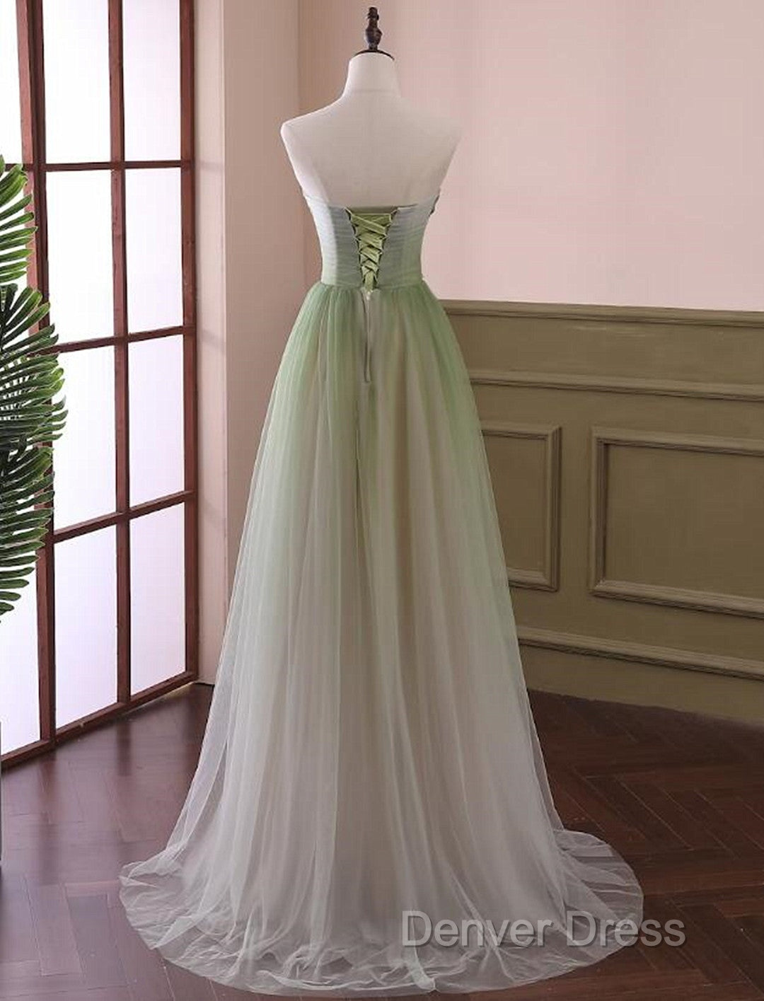 Green Sweetheart Gradient Beaded Tulle Floor Length Party Dresses, Green Junior Prom Dresses