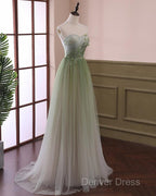 Green Sweetheart Gradient Beaded Tulle Floor Length Party Dresses, Green Junior Prom Dresses
