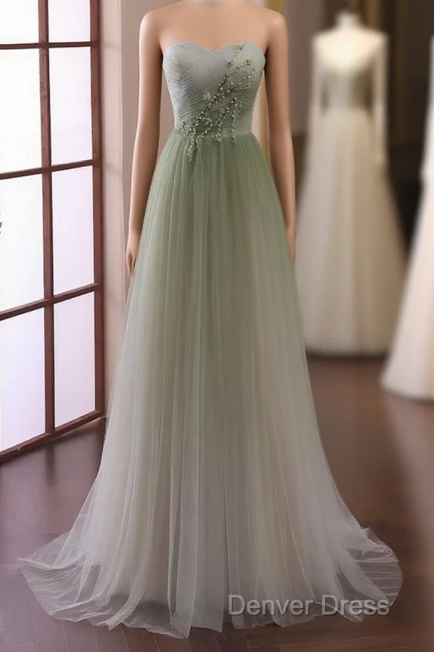 Green Sweetheart Gradient Beaded Tulle Floor Length Party Dresses, Green Junior Prom Dresses Main image