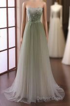 Green Sweetheart Gradient Beaded Tulle Floor Length Party Dresses, Green Junior Prom Dresses