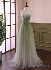 Green Sweetheart Gradient Beaded Tulle Floor Length Party Dress, Green Junior Prom Dresses