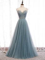 Green Sweetheart Neck Tulle Sequin Long Prom Dress Green Evening Dress