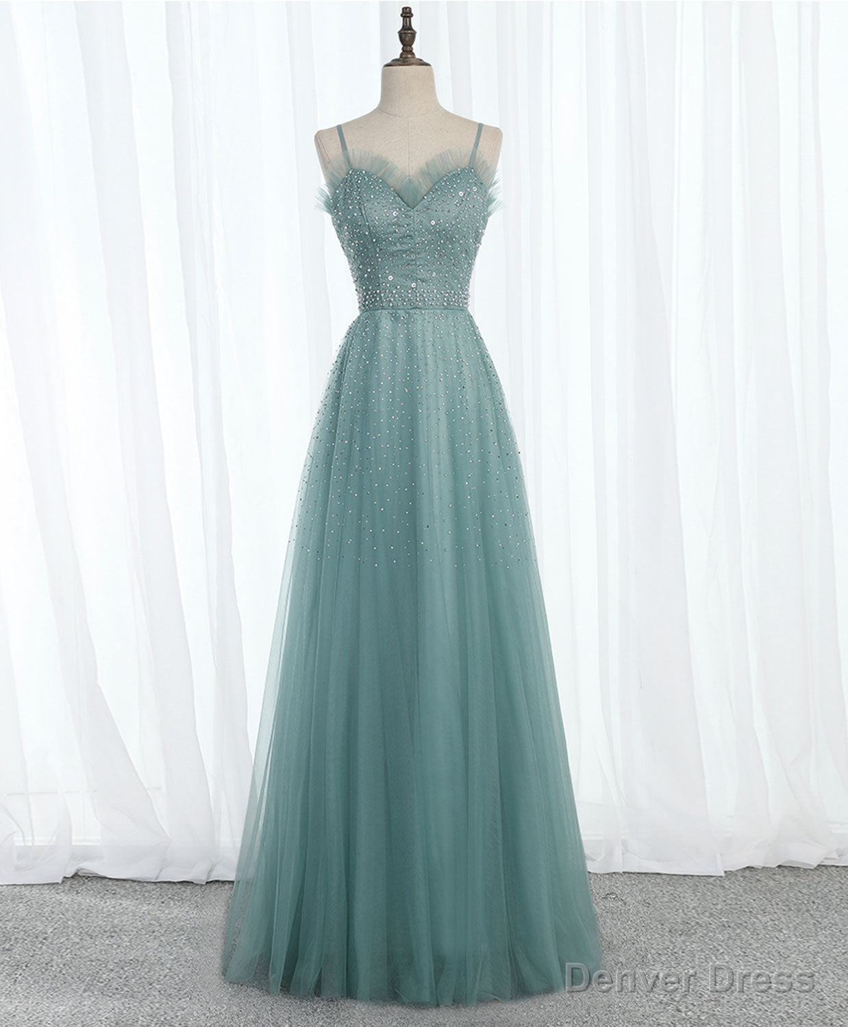 Green Sweetheart Neck Tulle Sequin Long Prom Dress, Tulle Graduation Dress Main image