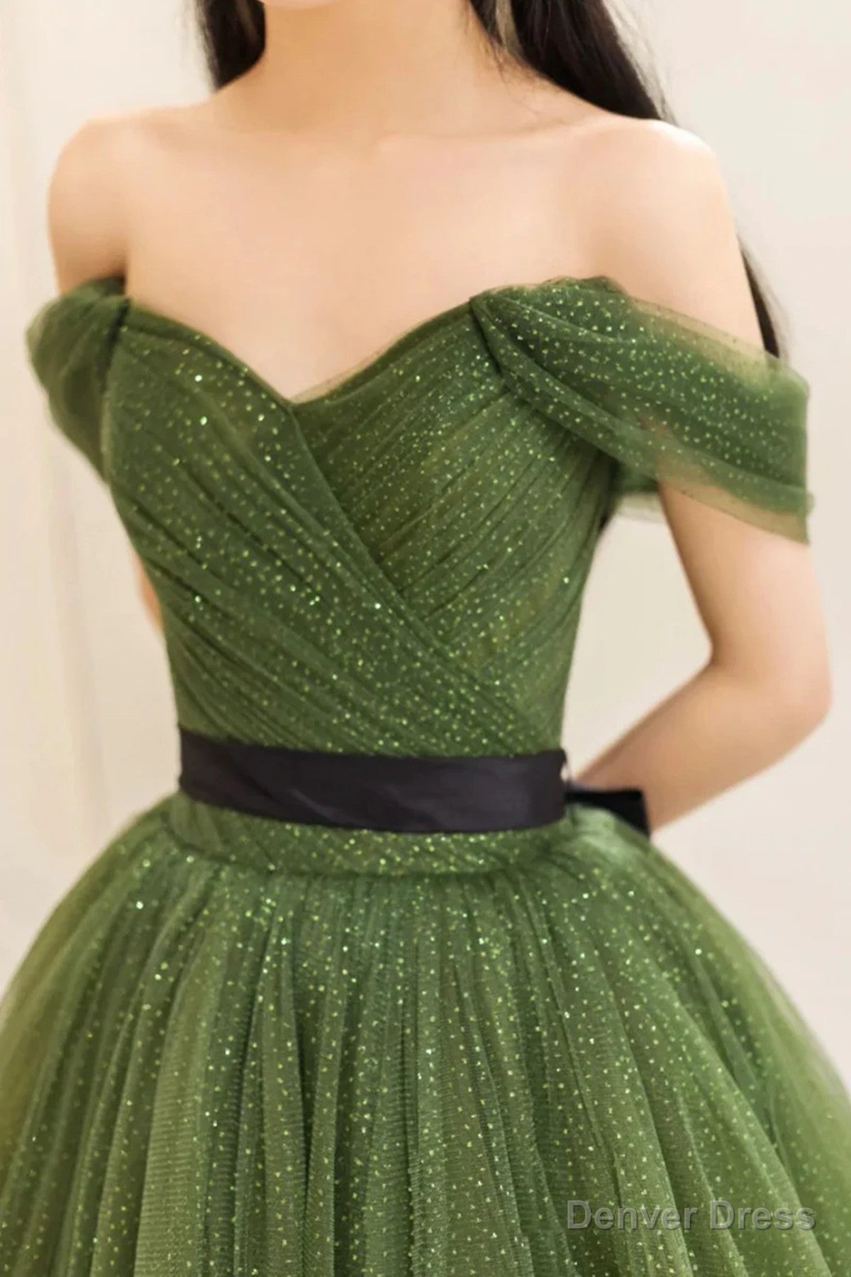 Green Sweetheart Shiny Tulle Off Shoulder Prom Dress, Green Long Prom Dresses Secondary image