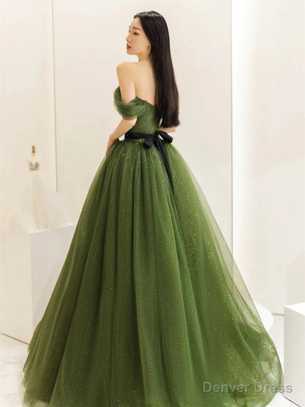 Green Sweetheart Shiny Tulle Off Shoulder Prom Dress, Green Long Prom Dresses