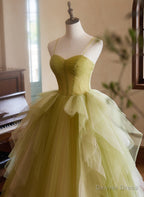 Green Sweetheart Straps Tulle Long Prom Dress, Green Tulle Prom Dresses