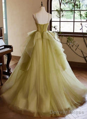 Green Sweetheart Straps Tulle Long Party Dress Prom Dress A Line December Wedding Guest Dress