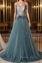 Green sweetheart tulle lace long prom Dress green Prom Dresses