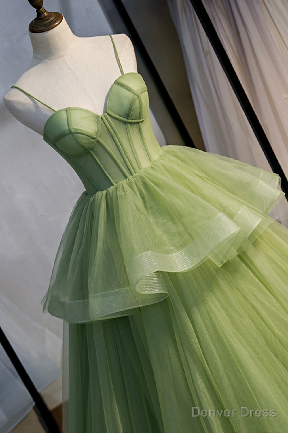Green Sweetheart Tulle Long Prom Dress, A Line Prom Graduation Dresses