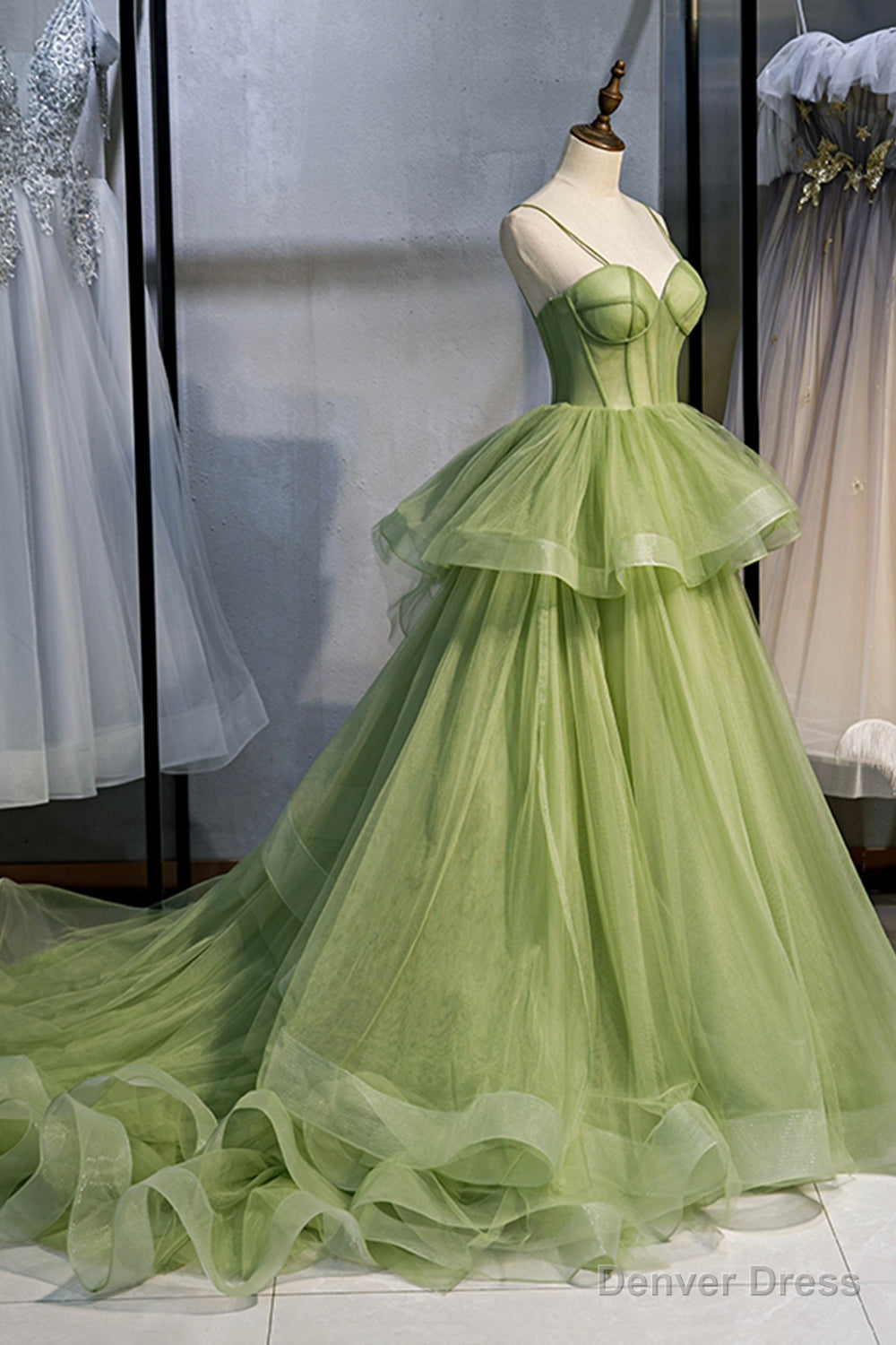 Green Sweetheart Tulle Long Prom Dress, A Line Prom Graduation Dresses
