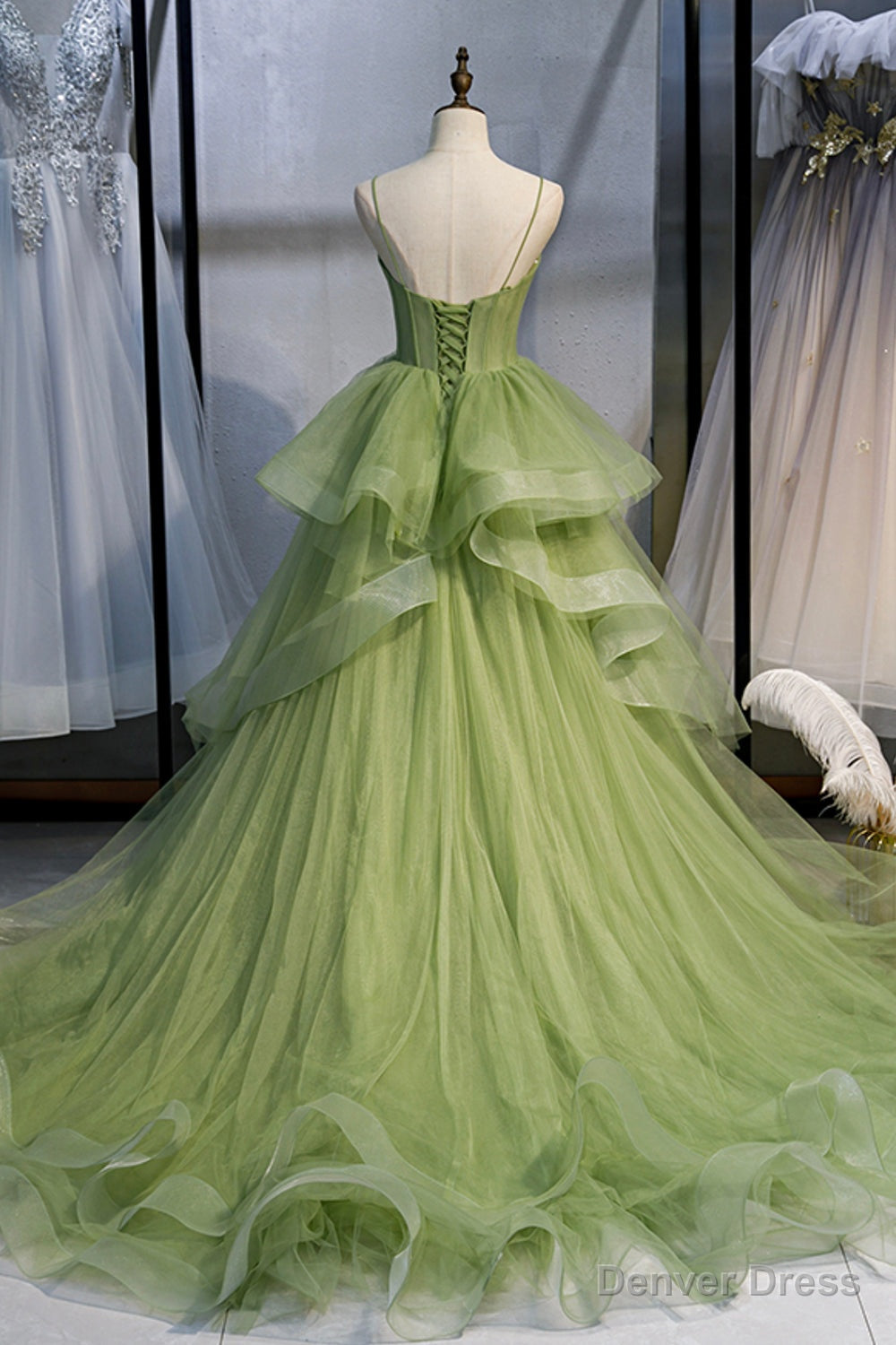 Green Sweetheart Tulle Long Prom Dress, A Line Prom Graduation Dresses
