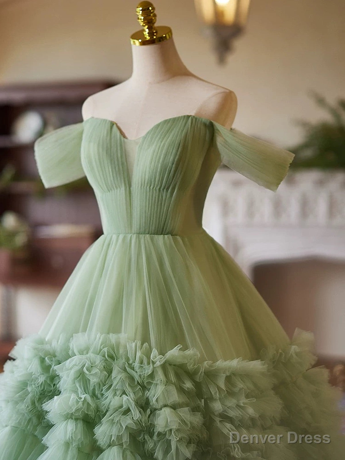 Green Sweetheart Tulle Off Shoulder Layers Long Formal Dress, Green Sweet 16 Dress Secondary image