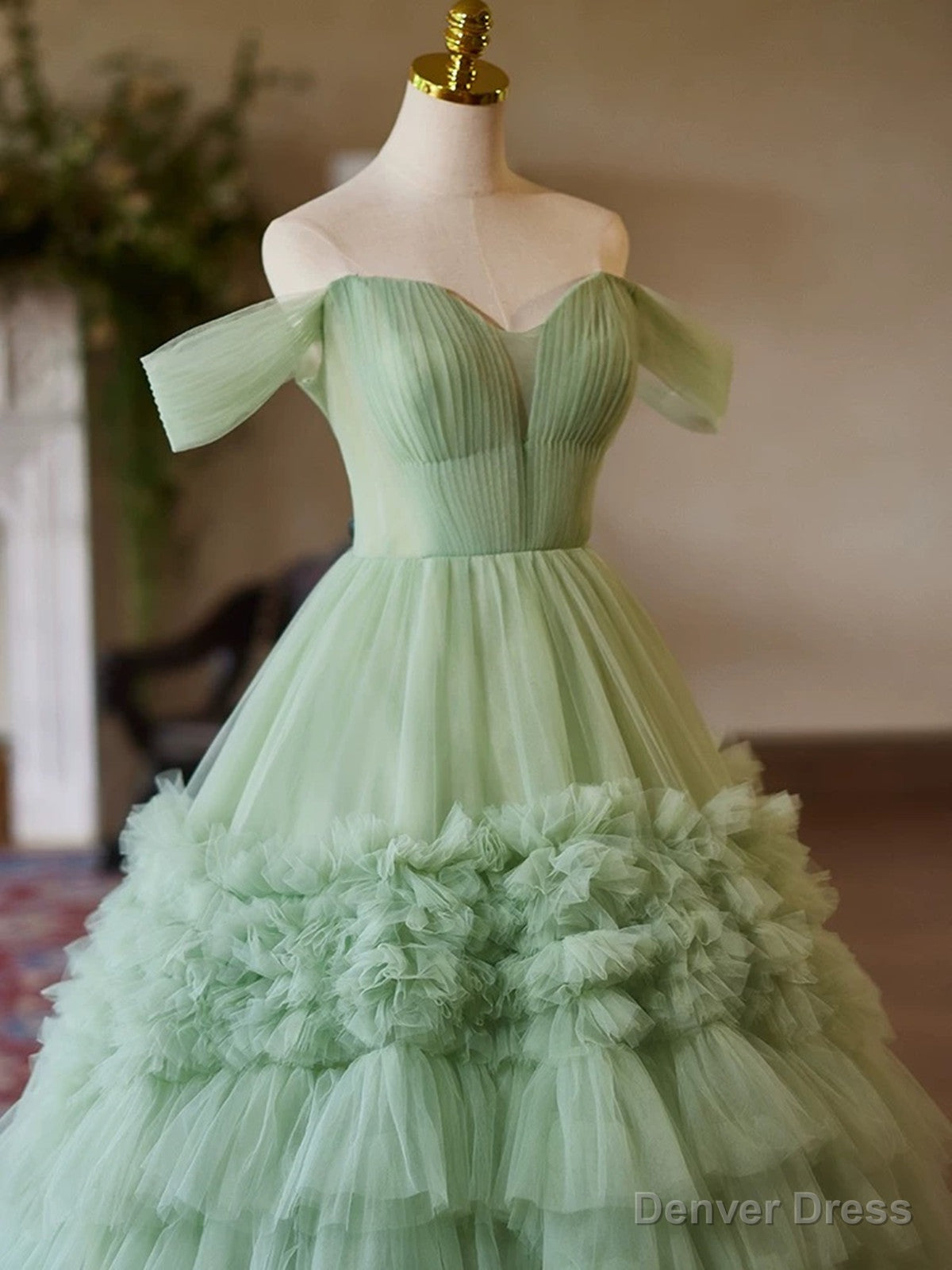 Green Sweetheart Tulle Off Shoulder Layers Long Prom Dress, Green Sweet 16 Dresses
