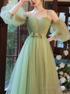 Green Tulle A Line Long Prom Dress, Green Tulle Formal Dress