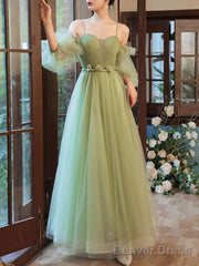 Green Tulle A Line Long Prom Dress, Green Tulle Formal Dress