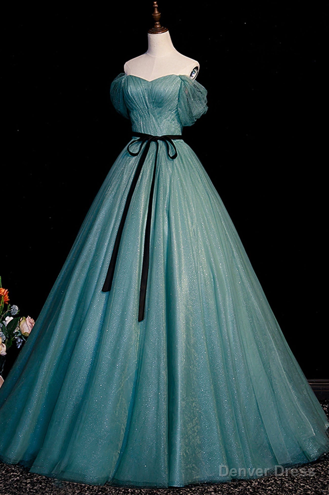Green Tulle A Line Off Shoulder Prom Dress, Simple Long Prom Dresses
