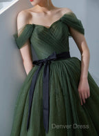 Green Tulle A-Line Off Shoulder Prom Dresses, Green Tull Long Formal Dresses Evening Dresses