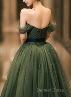 Green Tulle A-Line Off Shoulder Prom Dresses, Green Tull Long Formal Dresses Evening Dresses