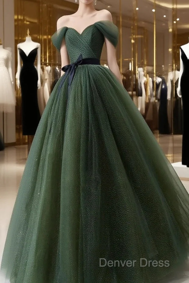 Green Tulle A-Line Off Shoulder Prom Dresses, Green Tull Long Formal Dresses Evening Dresses Main image
