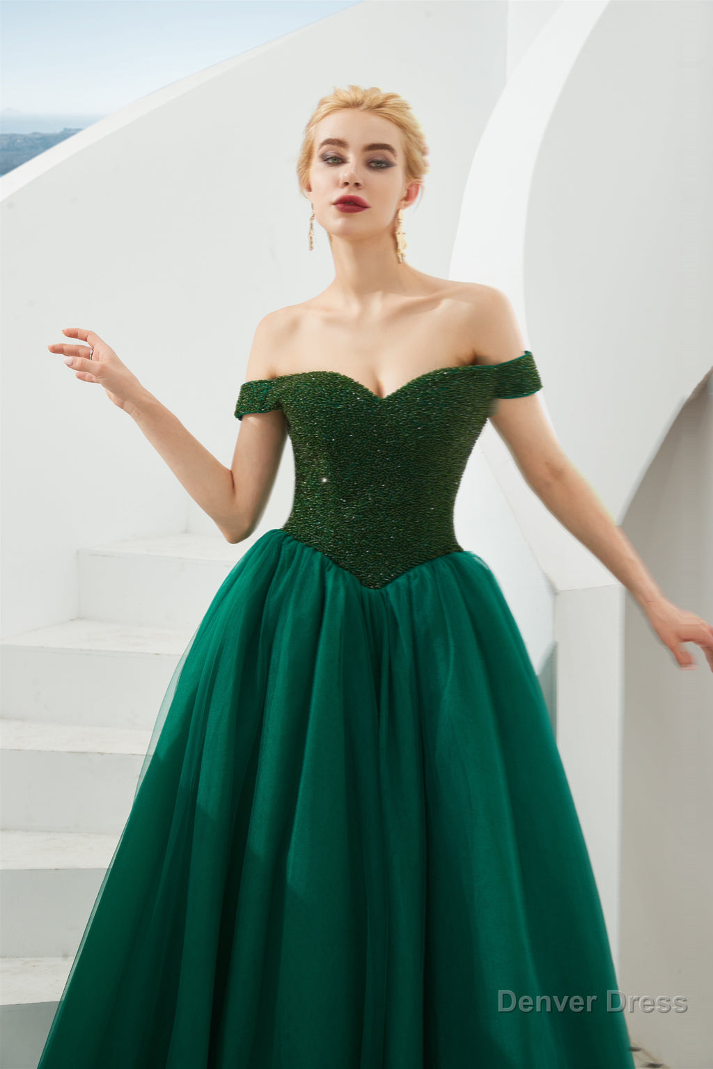 Tulle A Line Off Shoulder Sweetheart Beaded Bodice Long Prom Dresses