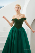 Tulle A Line Off Shoulder Sweetheart Beaded Bodice Long Prom Dresses