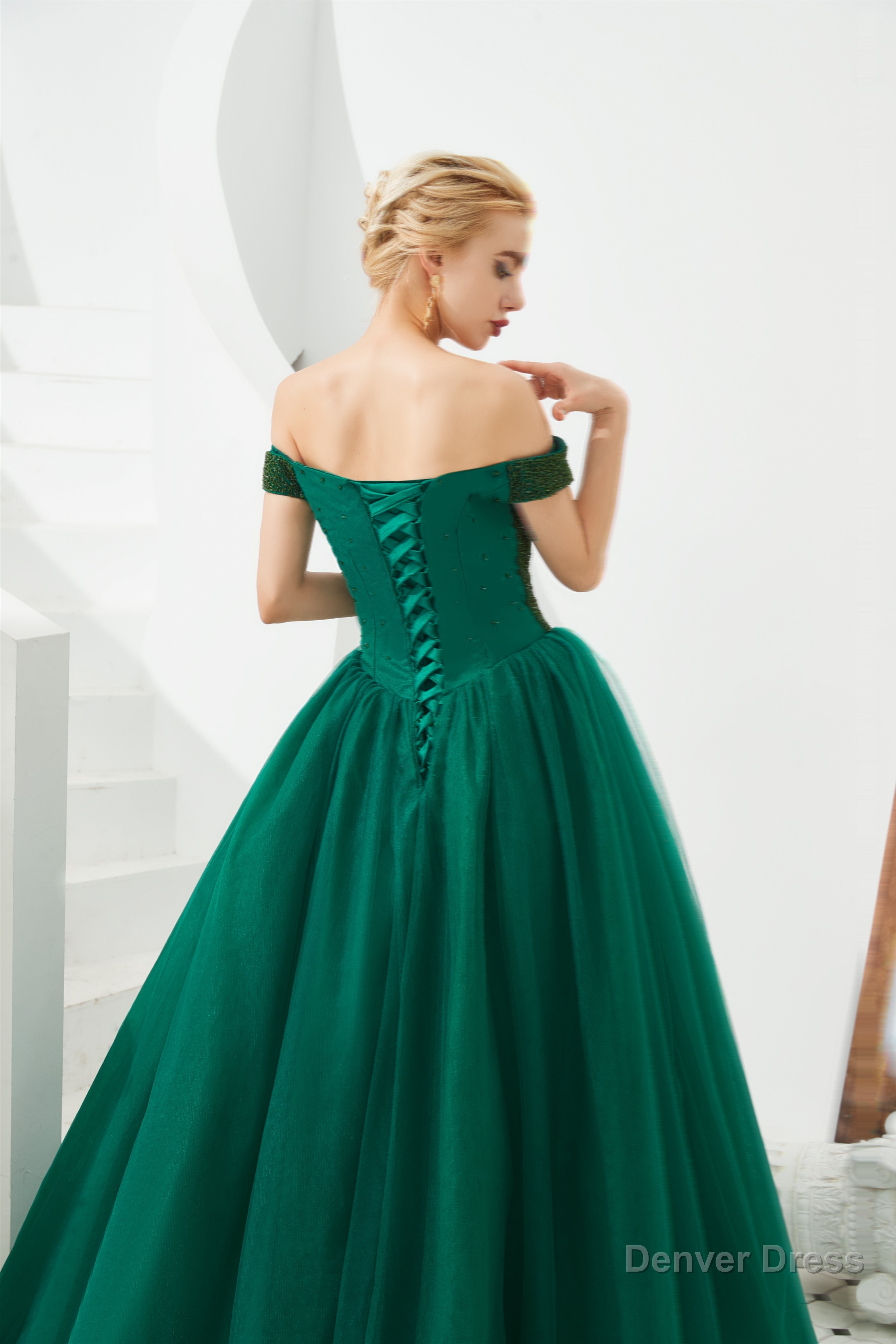 Tulle A Line Off Shoulder Sweetheart Beaded Bodice Long Prom Dresses