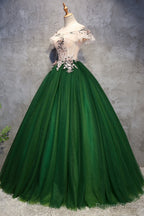 Green Tulle Ball Gown with Lace Off Shoulder Sweet 16 Dress, Ball Gown Party Dress Formal Dress