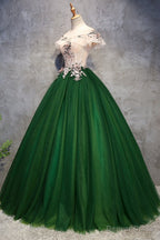 Green Tulle Ball Gowns with Lace Off Shoulder Sweet 16 Dress, Ball Gowns Prom Dress
