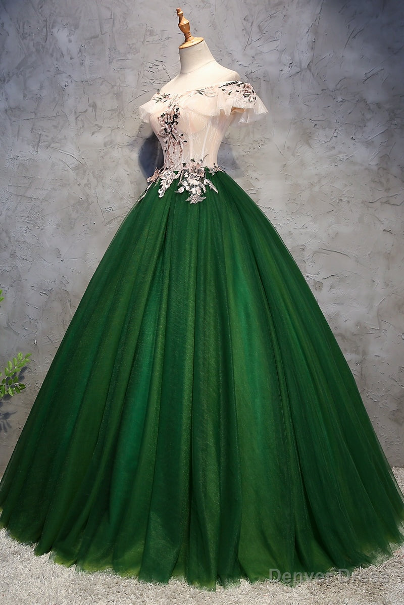 Green Tulle Ball Gowns with Lace Off Shoulder Sweet 16 Dress, Ball Gowns Prom Dress