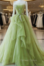 Green Tulle Beaded Long Party Dresses, Green Tulle Evening Dresses Formal Gown