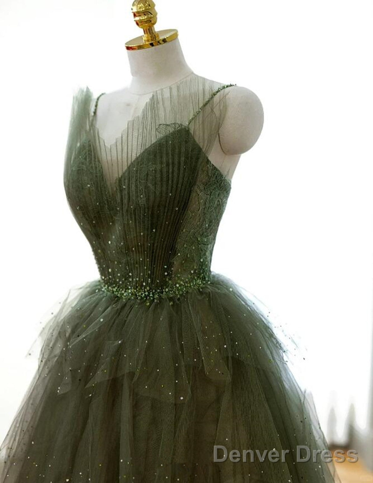 Green Tulle Beaded Straps Long Evening Dress, Green Tulle Prom Dress Party Dress Secondary image