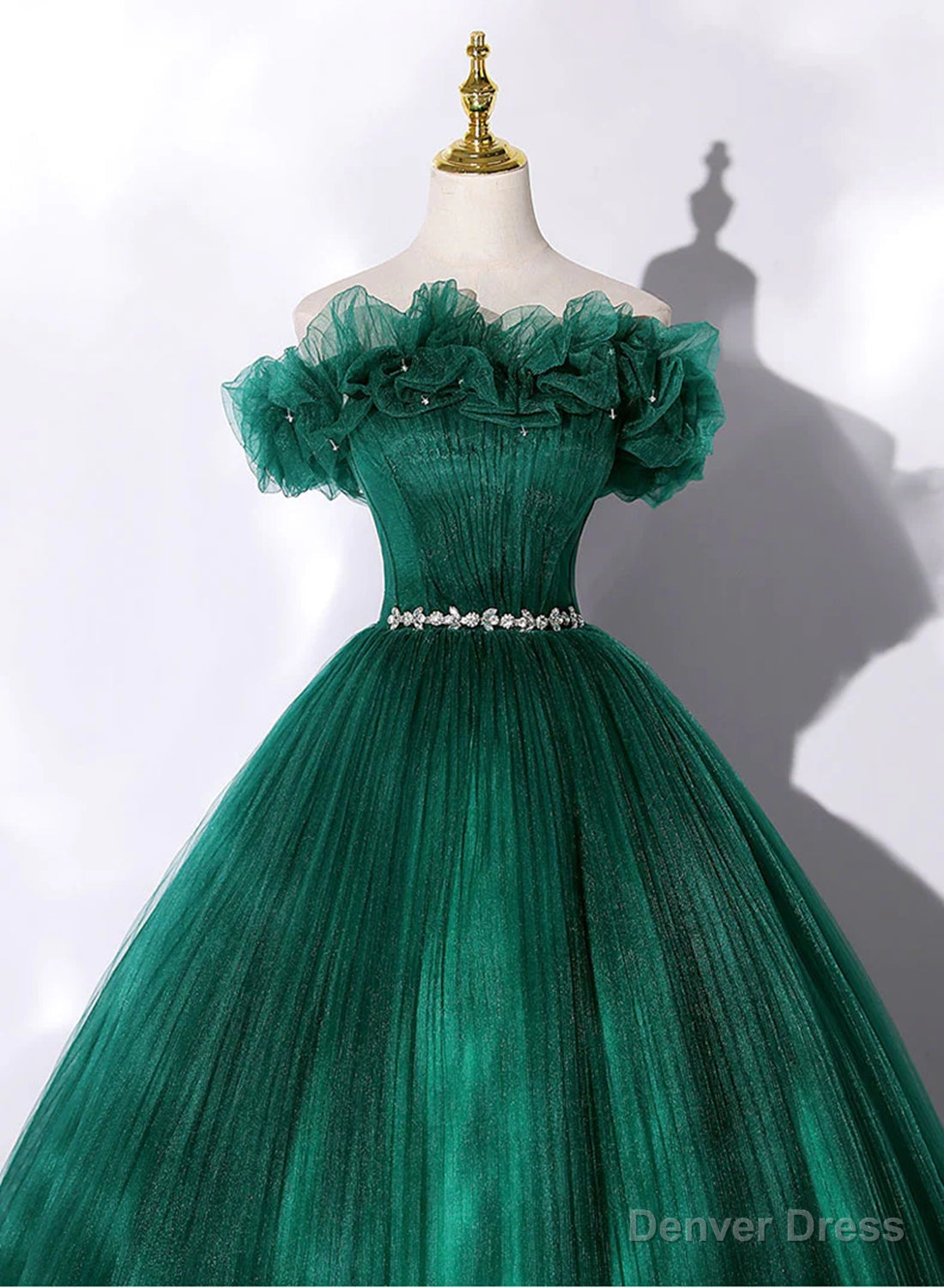 Green Tulle Beaded Waist Ball Gown Sweet 16 Dress, Off Shoulder Green Prom Dress Secondary image