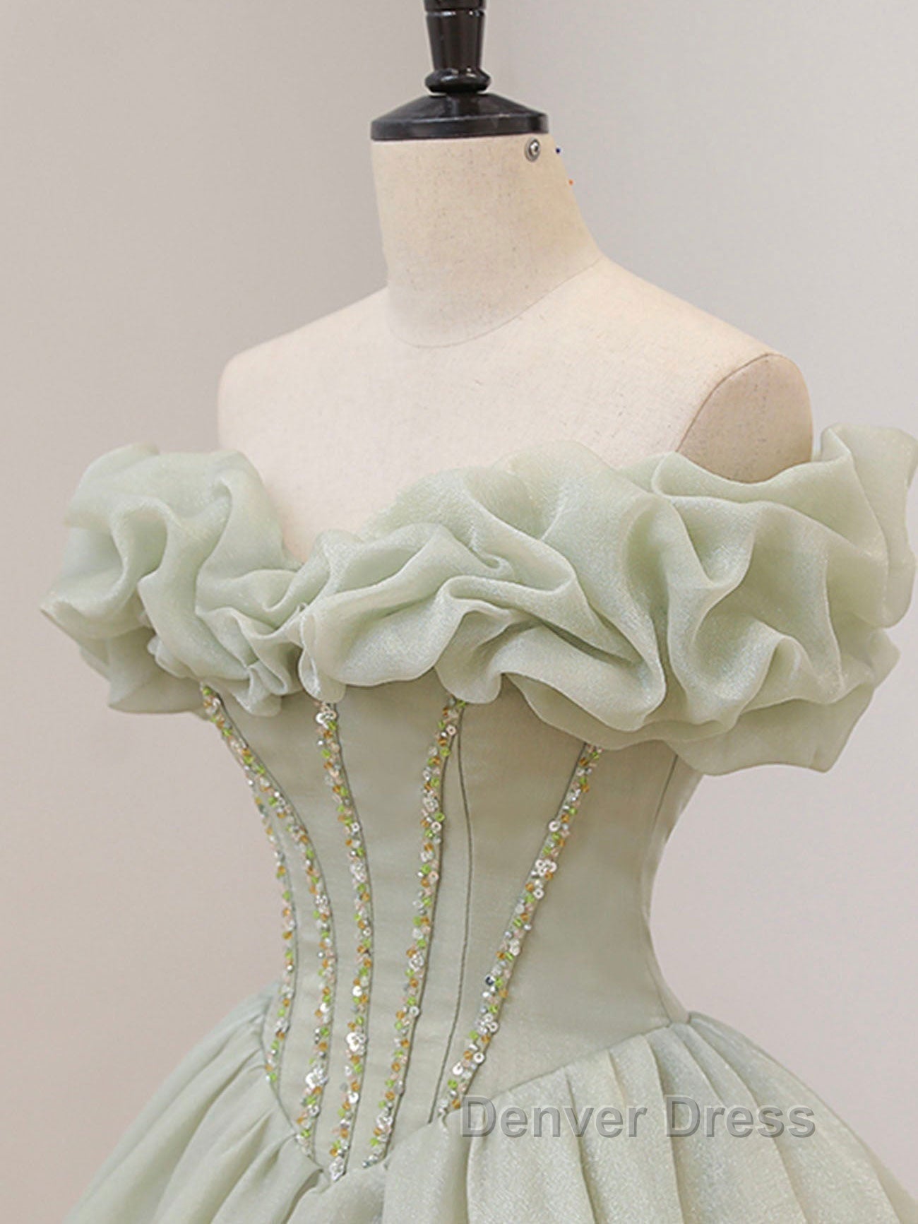 Green Tulle Beading Long Prom Dress, Green Prom Graduation Dresses