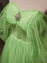 Green Tulle Beading Off Shoulder Sparkle Prom Dress