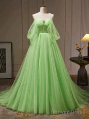 Green Tulle Beading Off Shoulder Sparkle Prom Dress
