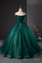Green Tulle Beads Long Prom Dress, Elegant Off Shoulder Party Formal Dress