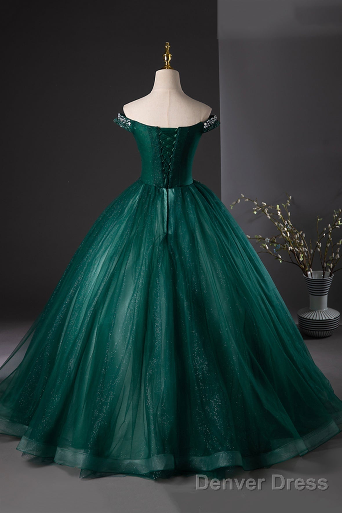 Green Tulle Beads Long Prom Dress, Elegant Off Shoulder Party Formal Dress