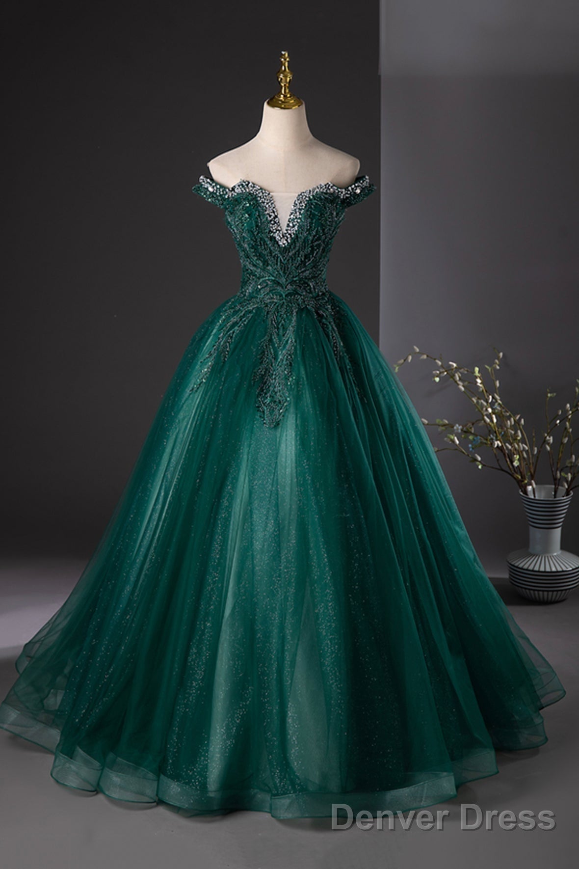 Green Tulle Beads Long Prom Dress, Elegant Off Shoulder Party Formal Dress Main image