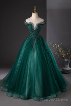 Green Tulle Beads Long Prom Dress, Elegant Off Shoulder Party Formal Dress