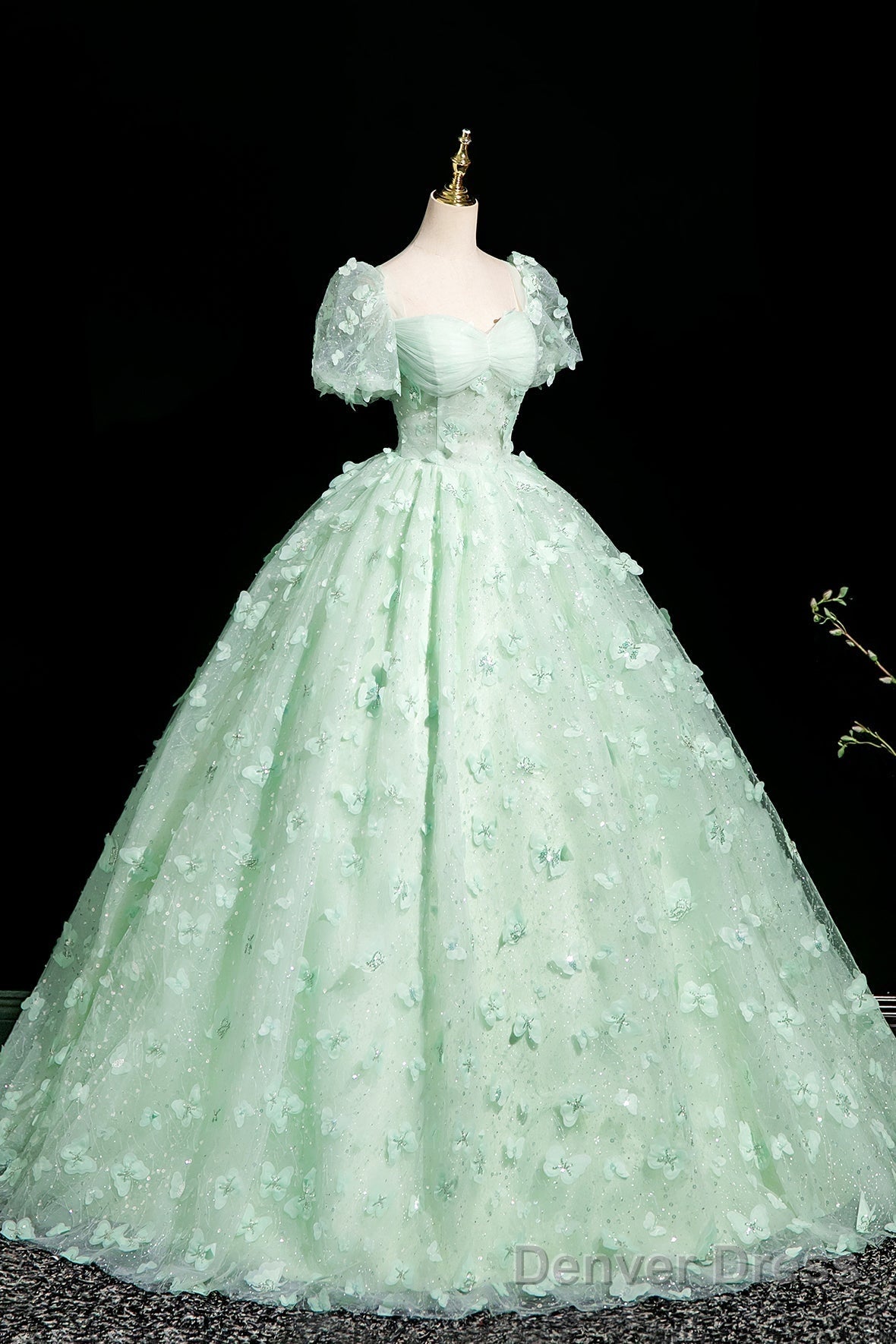 Green Tulle Butterfly Long A-Line Prom Dress, Beautiful Short Sleeve Evening Dress