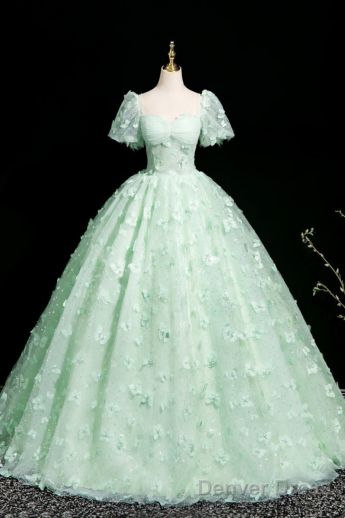 Green Tulle Butterfly Long A-Line Prom Dress, Beautiful Short Sleeve Evening Dress Main image
