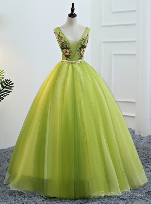 Green Tulle Deep V-neck Embroidery Quinceanera Dresses With Beading Main image