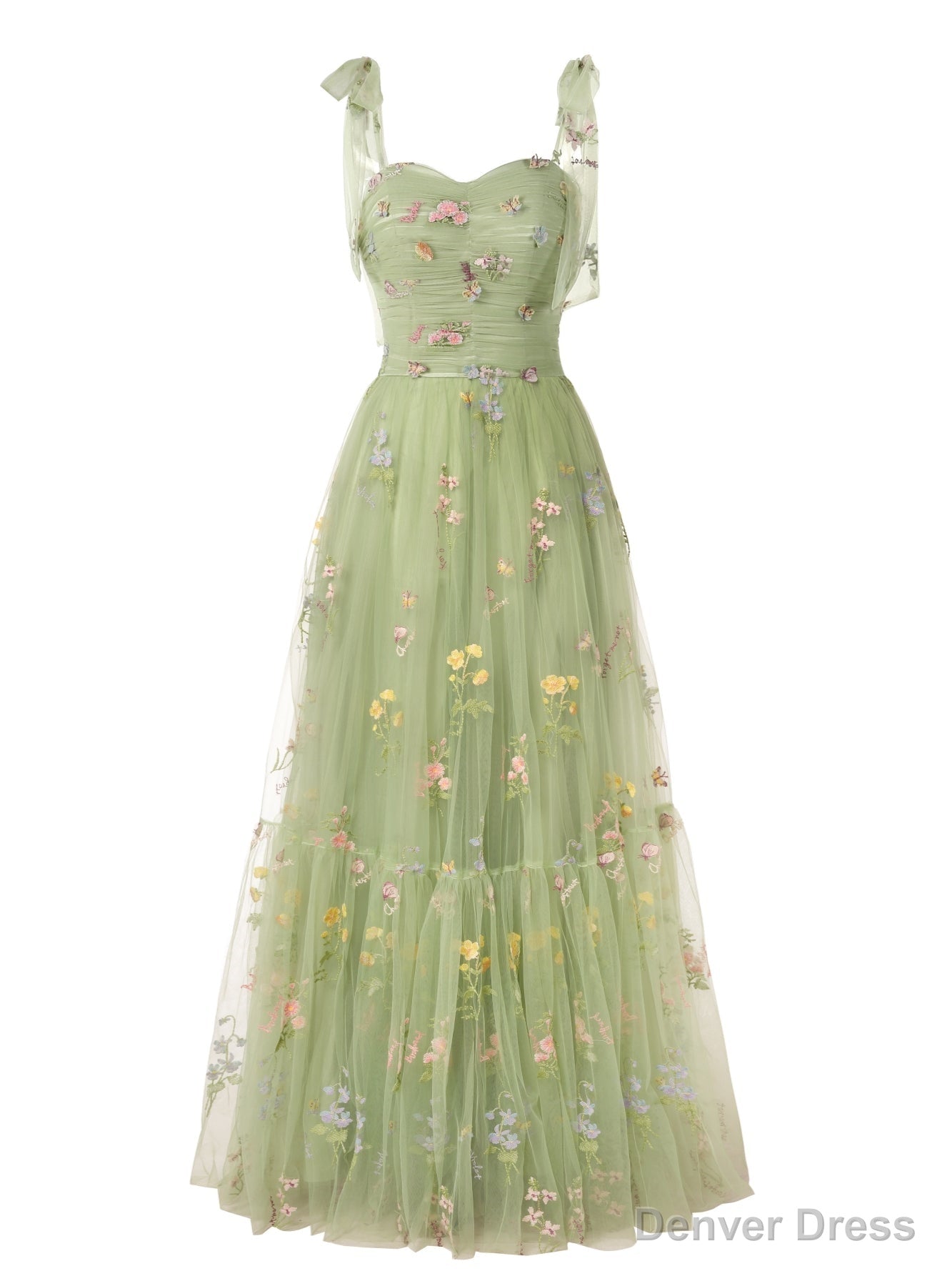 Green Tulle Embroidery Lace Straps Prom Dresses Main image