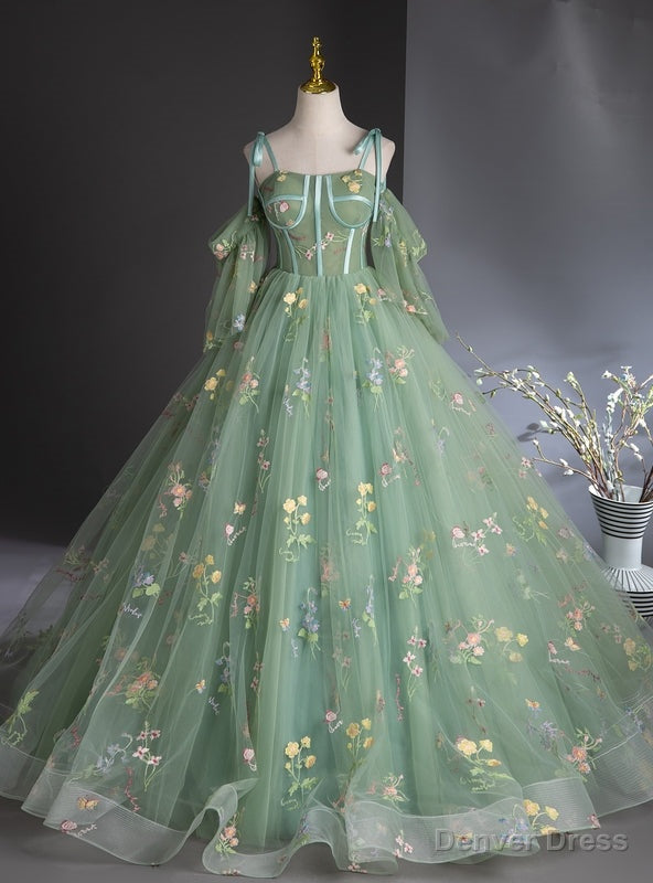 Green Tulle Embroidery Spaghetti Straps Quinceanera Dresses