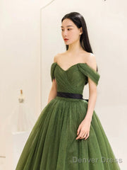 Green Tulle Floor Length Prom Dress, Lovely Off The Shoulder Evening Party Dress
