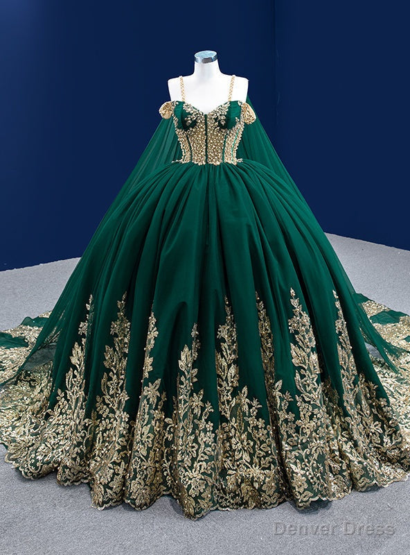Green Tulle Gold Sequins Appliques Spaghetti Straps Pearls Prom Dresses Main image