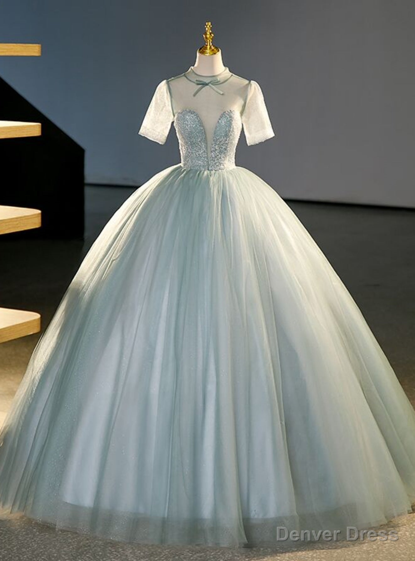 Green Tulle High Neck Short Sleeve Quinceanera Dress Main image