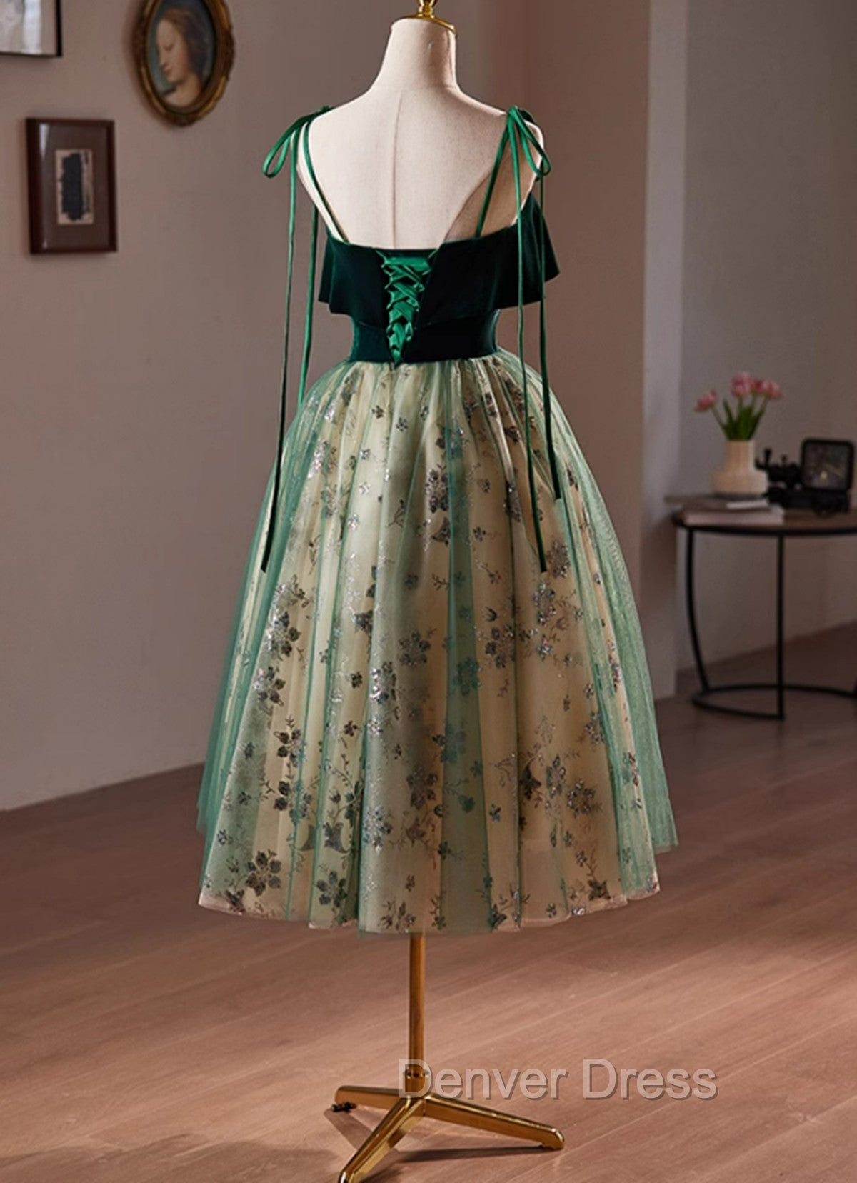 Green Tulle Knee Length Straps Homecoming Dress, Green Homecoming Dresses