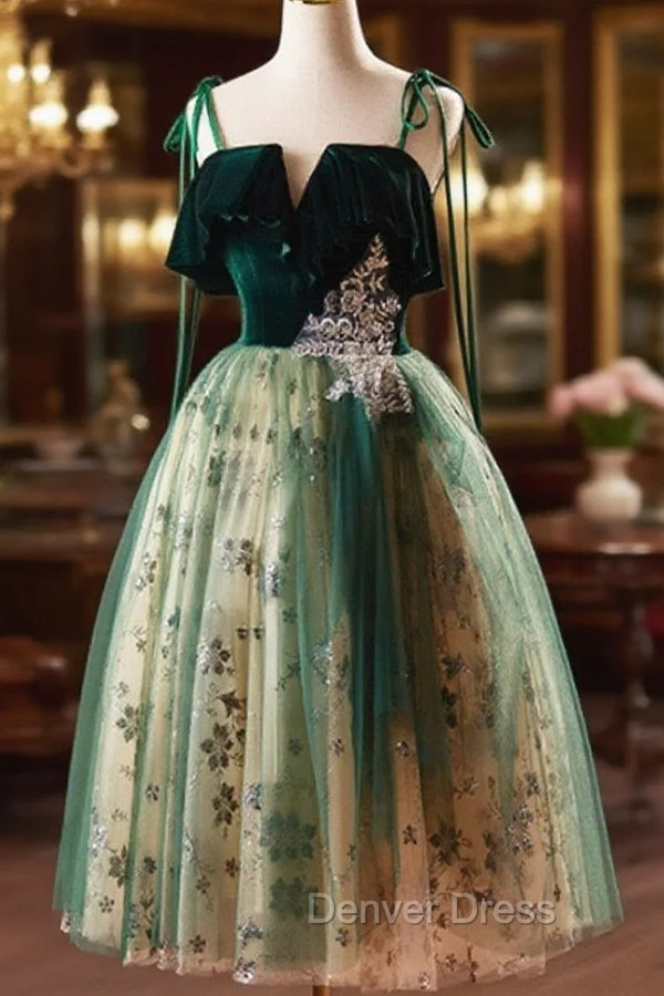 Green Tulle Knee Length Straps Homecoming Dress, Green Homecoming Dresses Main image